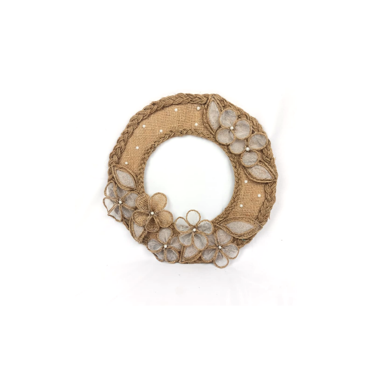 Jute Braided Ring Wall Hanging with Net Flowers (Pakistan)