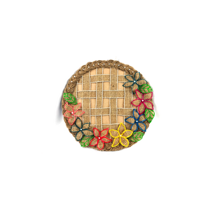 Jute Braided Round Wall Hanging with Colorful Wool Outlined Burlap Flowers (Pakistan)