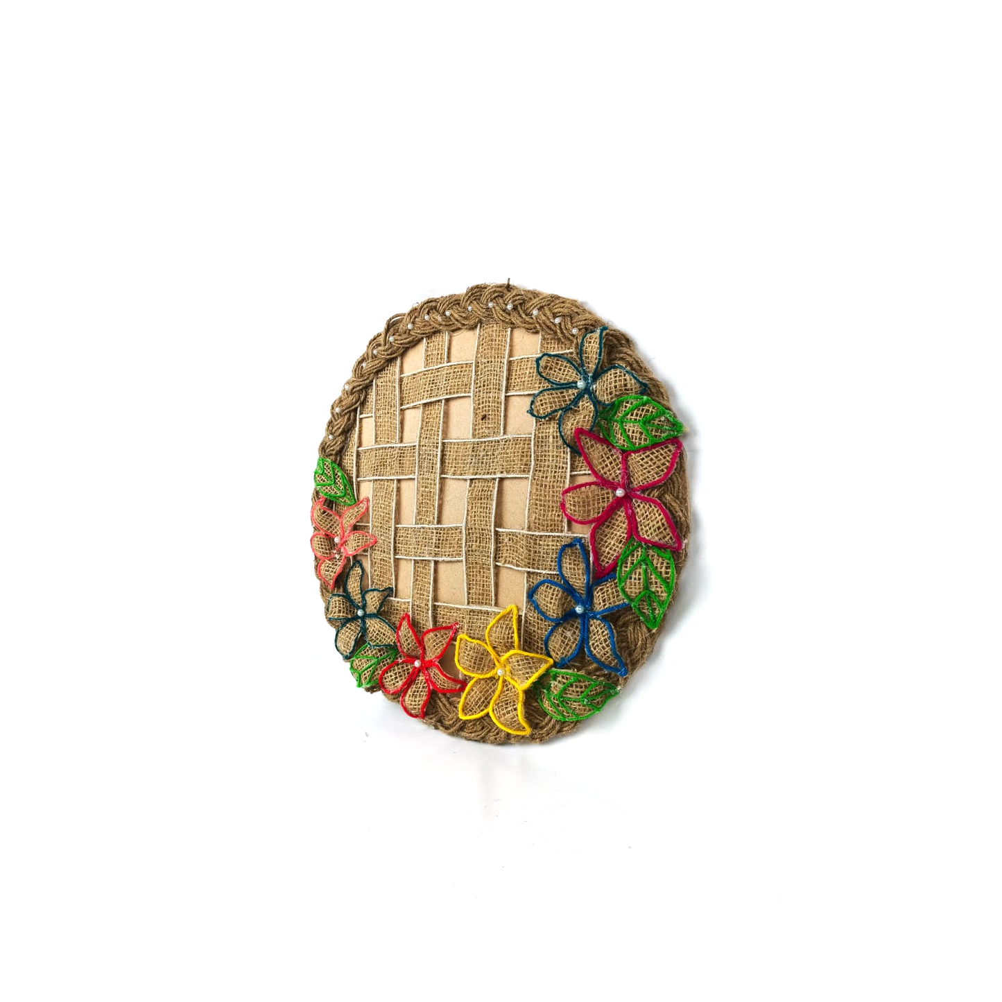 Jute Braided Round Wall Hanging with Colorful Wool Outlined Burlap Flowers