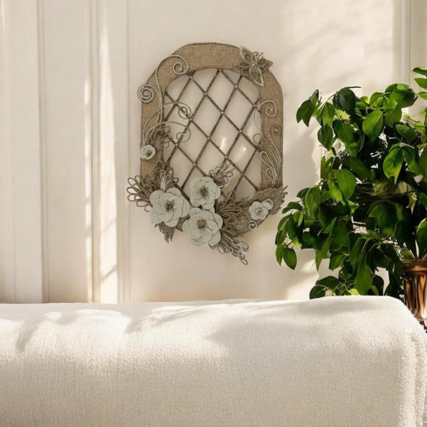 Round Rectangle Ring Jute & Burlap Wall Hanging with Cotton Rope Flowers (Pakistan)