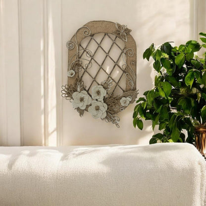 Round Rectangle Ring Jute & Burlap Wall Hanging with Cotton Rope Flowers (Pakistan)