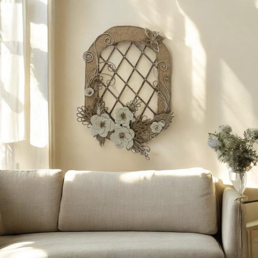 Round Rectangle Ring Jute & Burlap Wall Hanging with Cotton Rope Flowers (Pakistan)