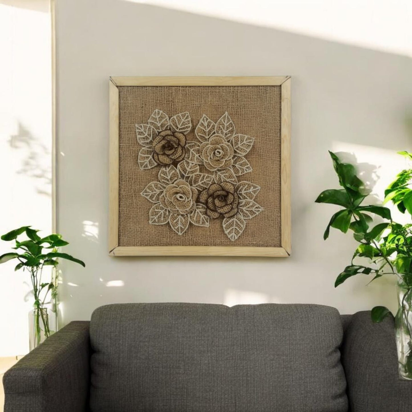 Burlap Wall Hanging Frame with cotton rope & Burlap Flowers