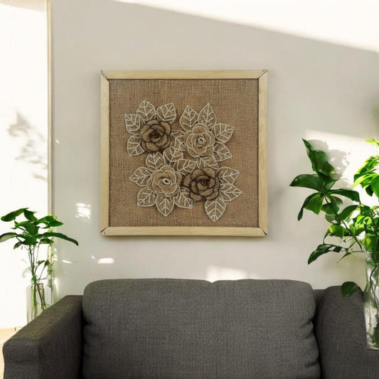 Burlap Wall Hanging Frame with cotton rope & Burlap Flowers(Pakistan)