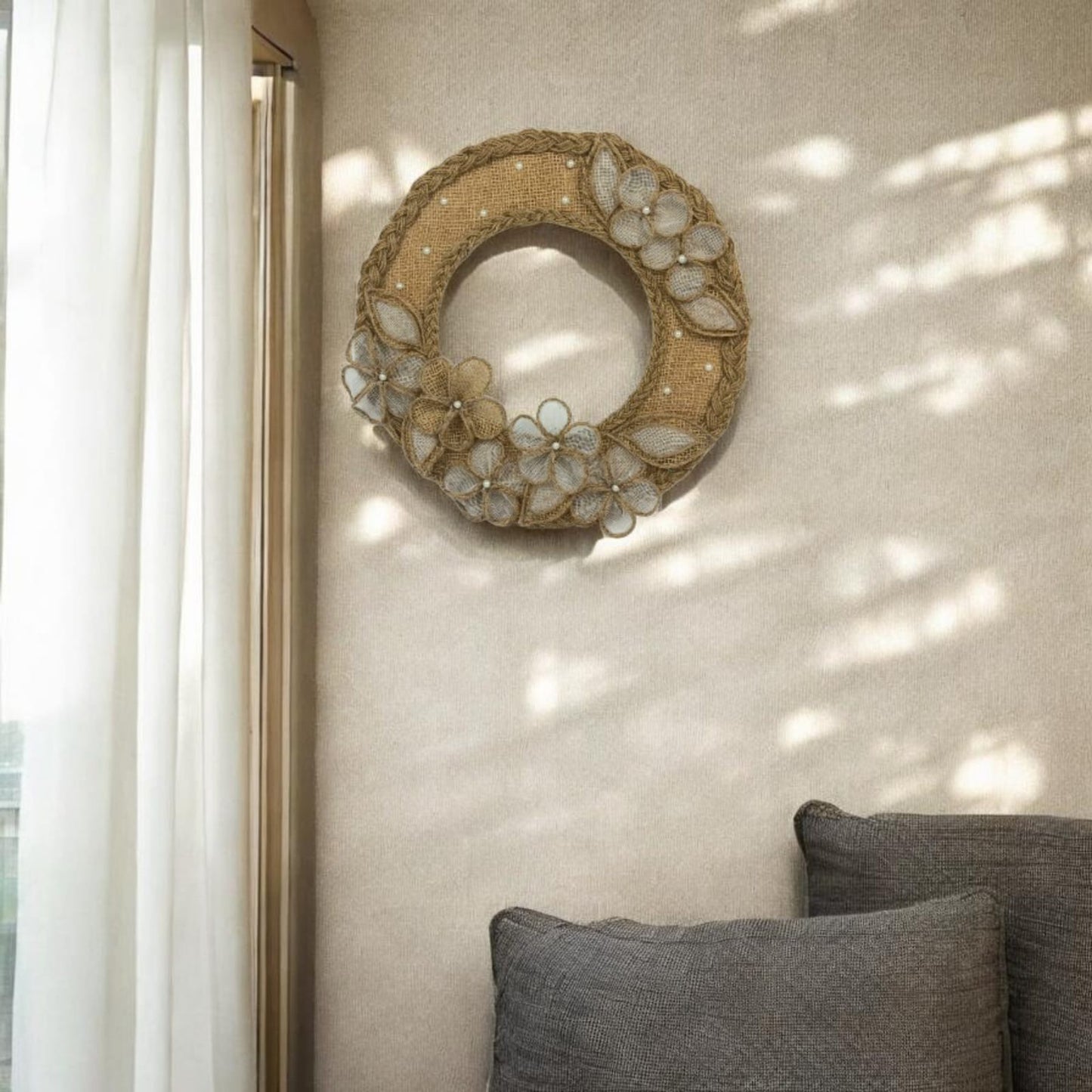 Jute Braided Ring Wall Hanging with Net Flowers (Pakistan)