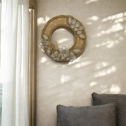 Jute Braided Ring Wall Hanging with Net Flowers (Pakistan)