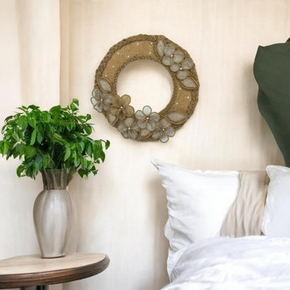 Jute Braided Ring Wall Hanging with Net Flowers (Pakistan)