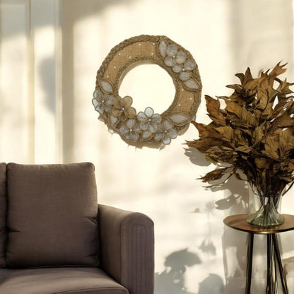 Jute Braided Ring Wall Hanging with Net Flowers (Pakistan)