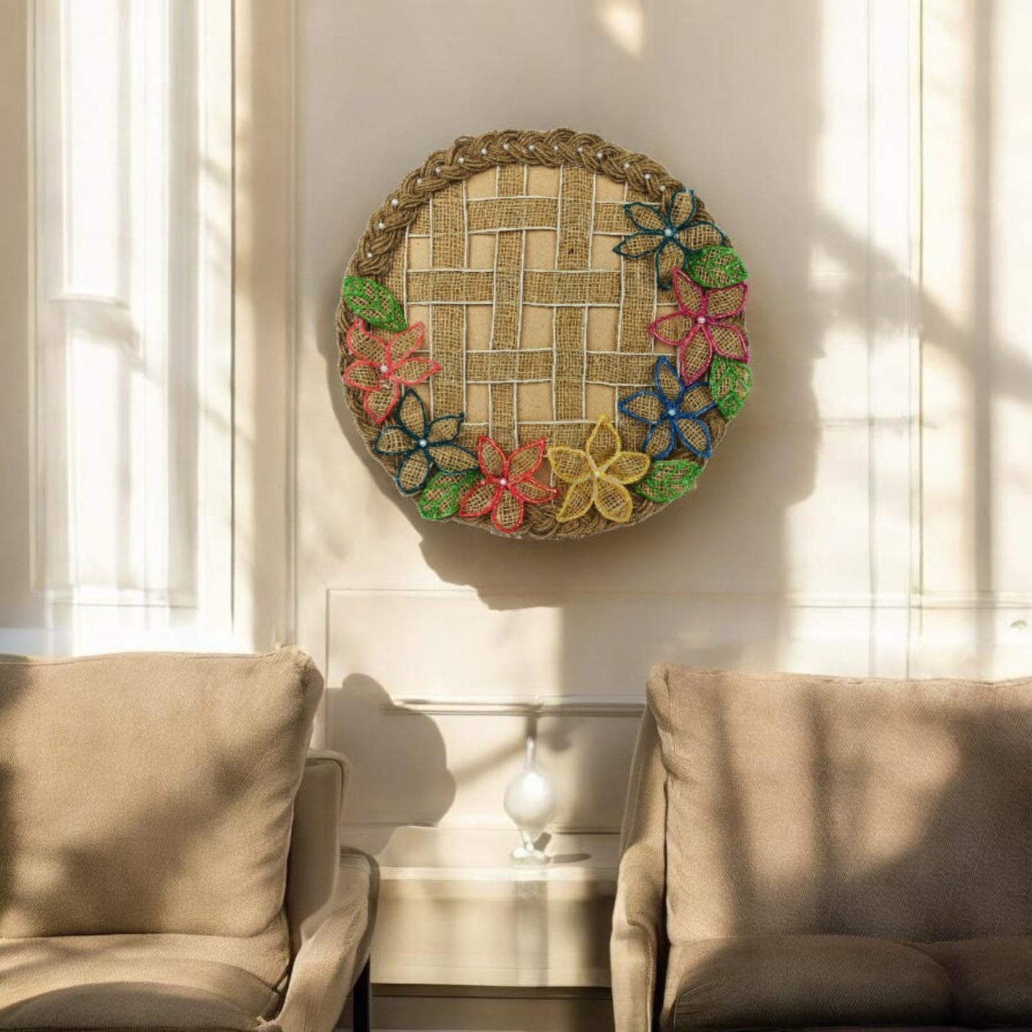 Jute Braided Round Wall Hanging with Colorful Wool Outlined Burlap Flowers (Pakistan)