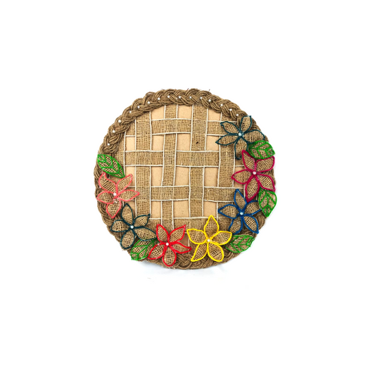 Jute Braided Round Wall Hanging with Colorful Wool Outlined Burlap Flowers