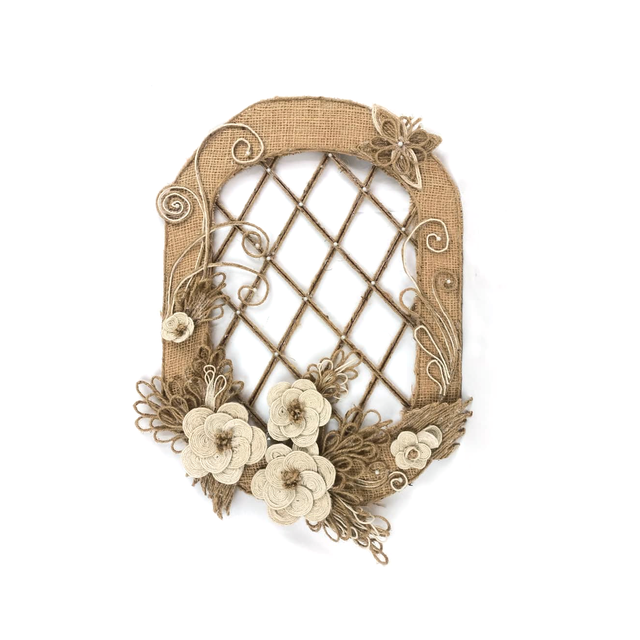Round Rectangle Ring Jute & Burlap Wall Hanging with Cotton Rope Flowers (Pakistan)