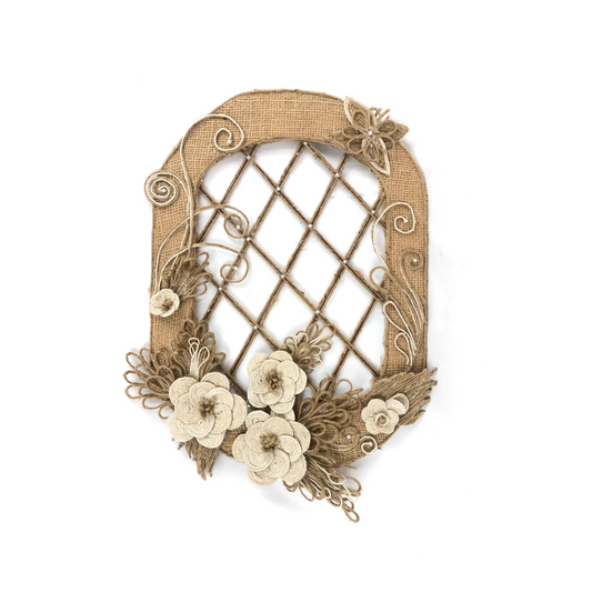 Round Rectangle Ring Jute & Burlap Wall Hanging with Cotton Rope Flowers