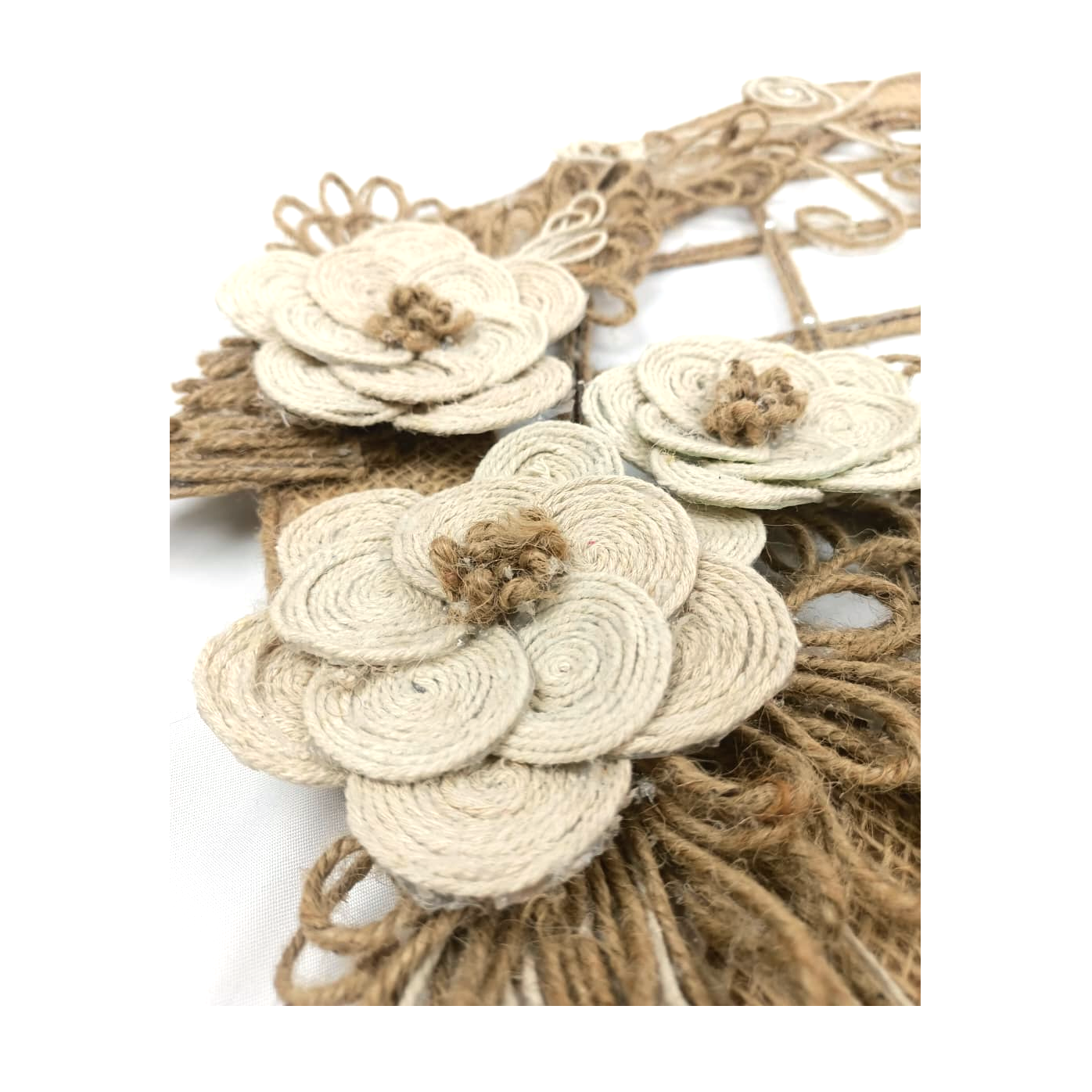 Round Rectangle Ring Jute & Burlap Wall Hanging with Cotton Rope Flowers (Pakistan)